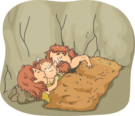 24226819 - illustration of a caveman family sleeping together under a wooly blanket