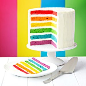 45305816 - rainbow layer cake on a cake stand